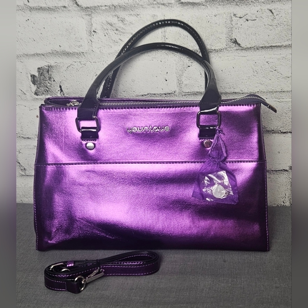 Younique Presenter Purple Metallic Handbag Purse Tote Novelty